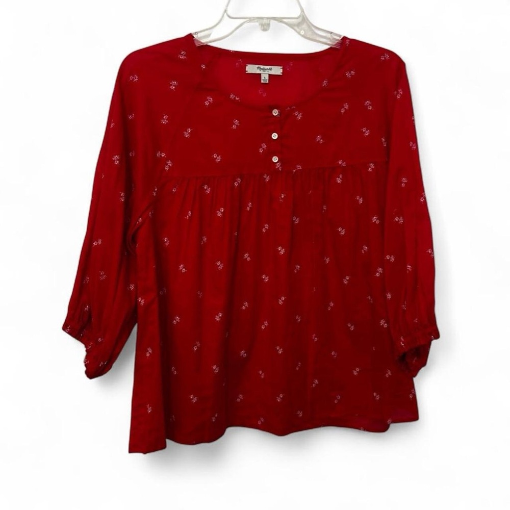 Madewell Red Baby Doll Blouse Womens L Floral Cottagecore Twee 3/4 Sleeves